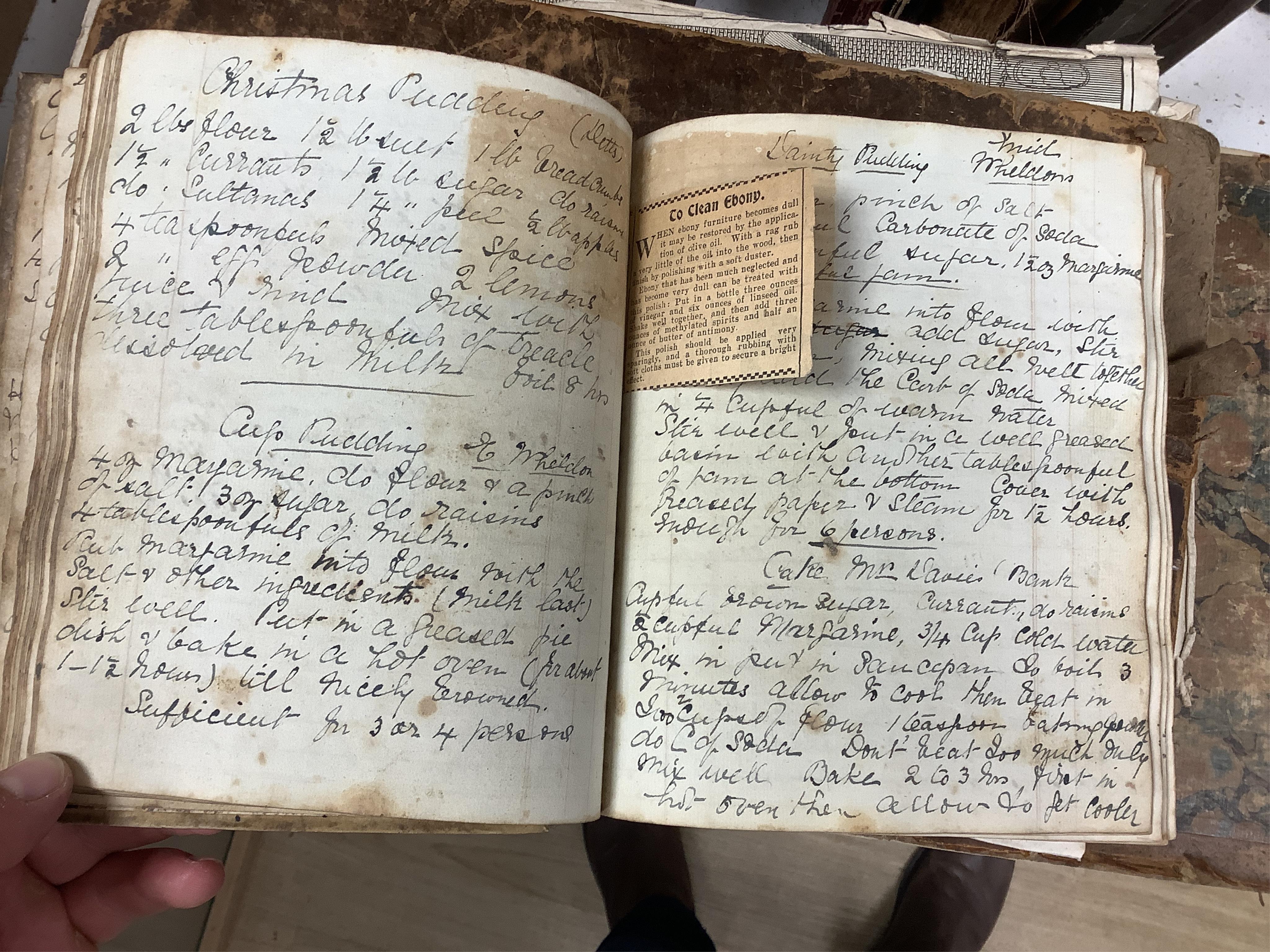 Mrs. Cliff's Receipt Book 1820; approx. 80pp ms. cookery recipes - meat, fish, desserts, some pickling and wines, etc. (including bread and cakes); contemp. leather backed marbled boards, 4to.; sold together with some ot